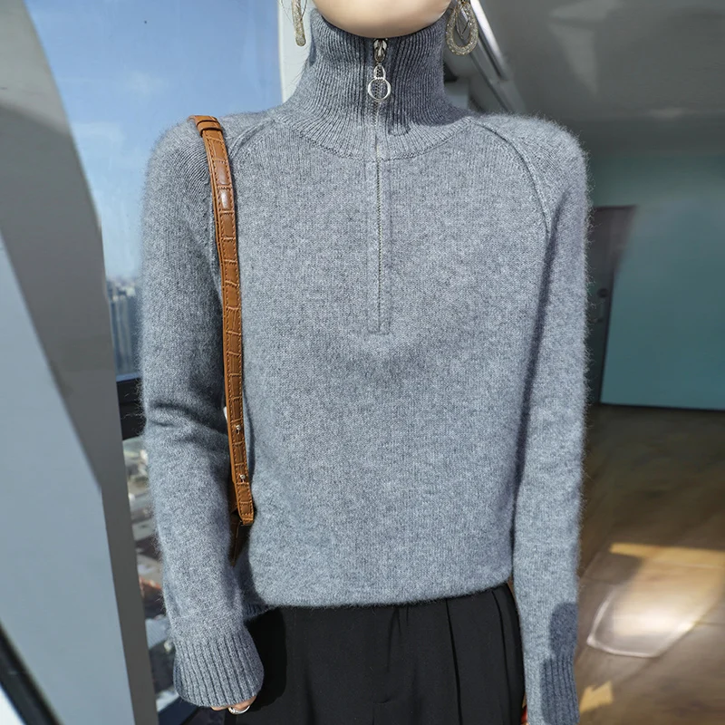 

Новый женский шерстяной свитер, осень-зима, пуловер с воротником-поло на полумолнии и рукавами реглан, трикотаж из 100% мериносовой шерсти, утепленные топы