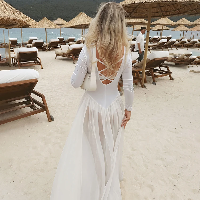 Linad elegante abito lungo in maglia bianca stile spiaggia abiti spaccati a vita alta femminile sexy velato o collo abito diviso donna 2025 nuovo