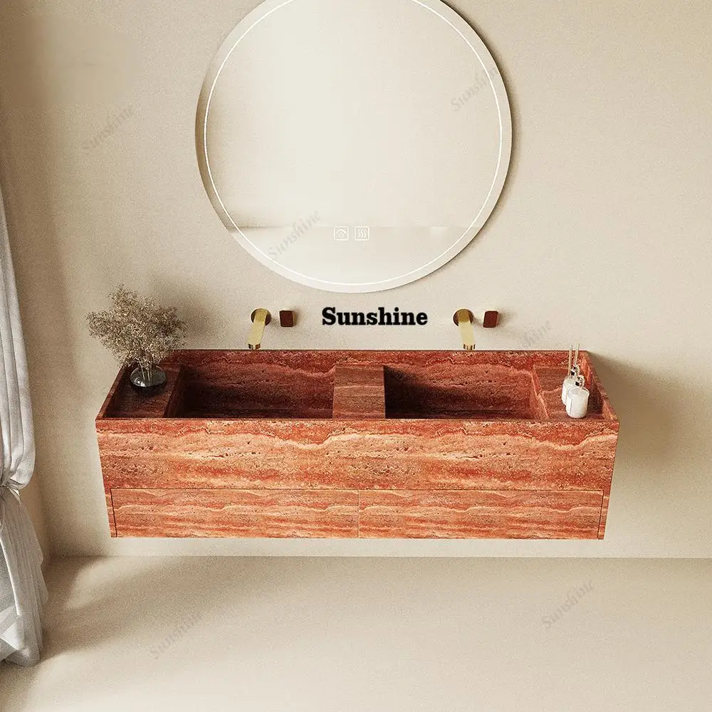 

"Double Sink Vanity Set: Italian Red Travertine, Dual Faucets, Narrow Frame Deep Basin & Child-Safe Edges - Premium Bathroom"​