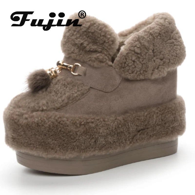 Fujin 12cm Synthetic Leather Women Platform Wedge Plush Fur Women Ankle Fashion Pumps Platform Wedge Casual Winter Shoes Boots