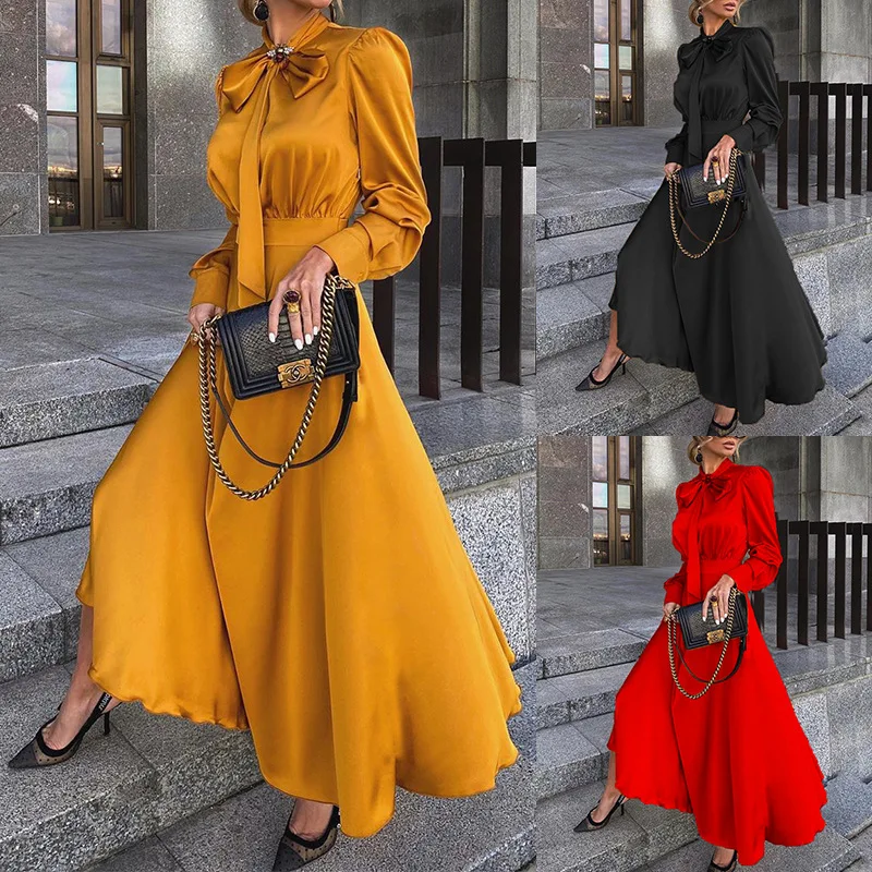 

FD003 Spot Goods2025Autumn Best-Selling New European and American Women's Clothing Mid-Length Long Sleeve Temperament Dress Wome