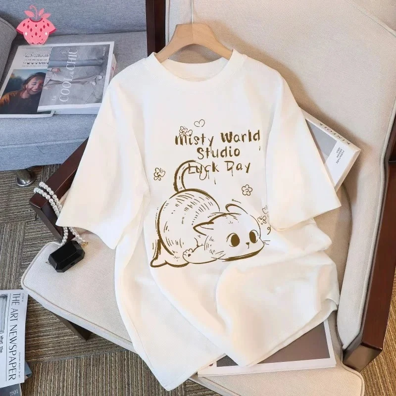 

Women's Round Neck Short Sleeve T-shirt Loose Casual Cute Cat Print Summer 2025 Y2K Kawaii Women's Clothing Graphic T Shirts