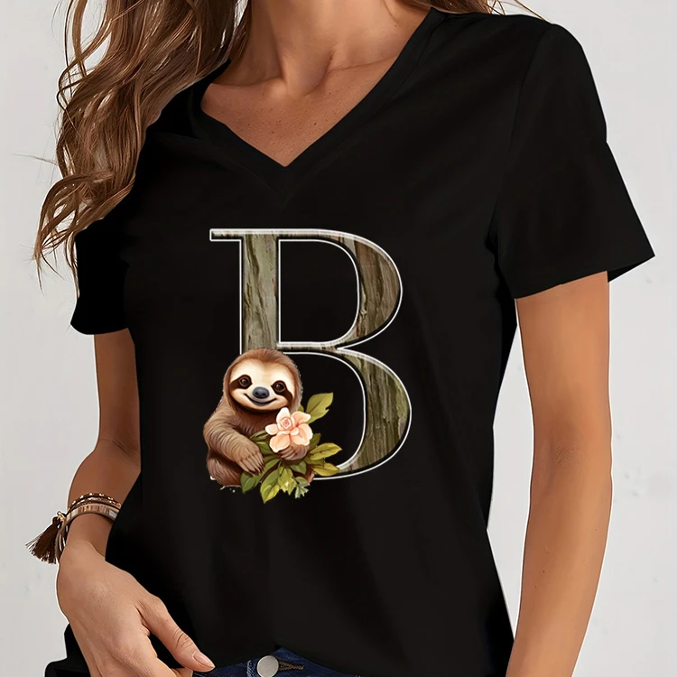 تي شيرت نسائي بأكمام قصيرة برقبة على شكل حرف V ، قميص بتصميم رسومي للإناث ، أكمام قصيرة ، موضة هاراجاكو للإناث ، كسلان ، كسلان ، جديد ، 26 حرفًا