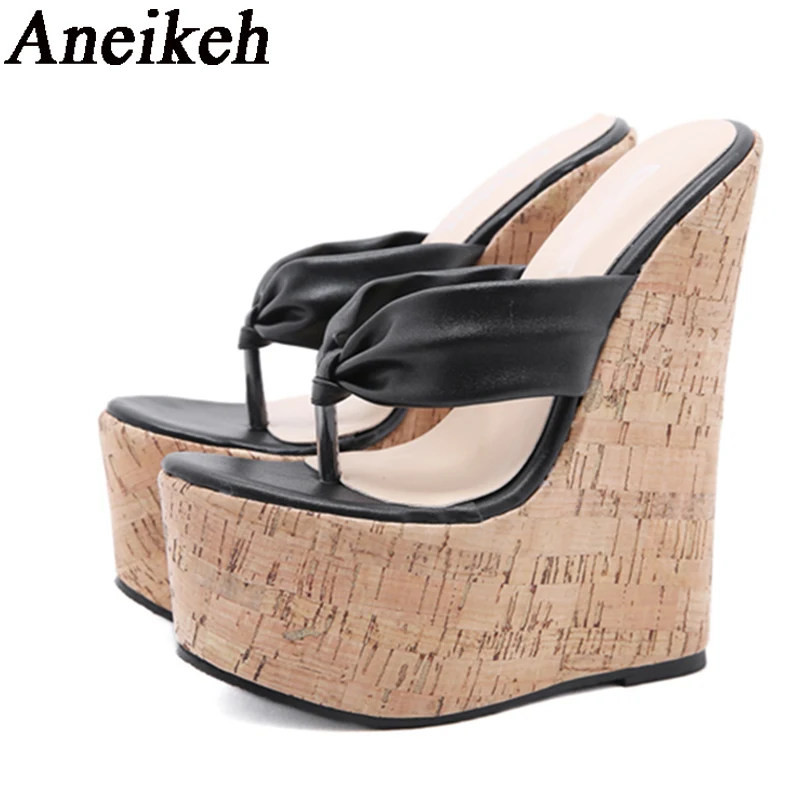 Aneikeh Summer Flip-flops Wedges Women\'s Shoes Fashion Classics PU Platform Head Peep Toe Thin High Heels Slippers Size 35-42