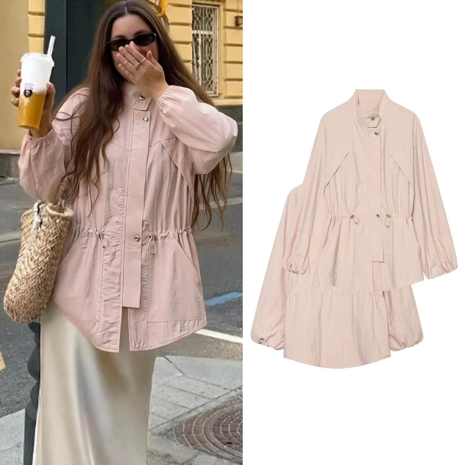 Women Stand Elegant Pink Trench Jacket Spring Fall Female Waist Drawstring Long Sleeved Pockets Coats Lady Casual Loose Jackets