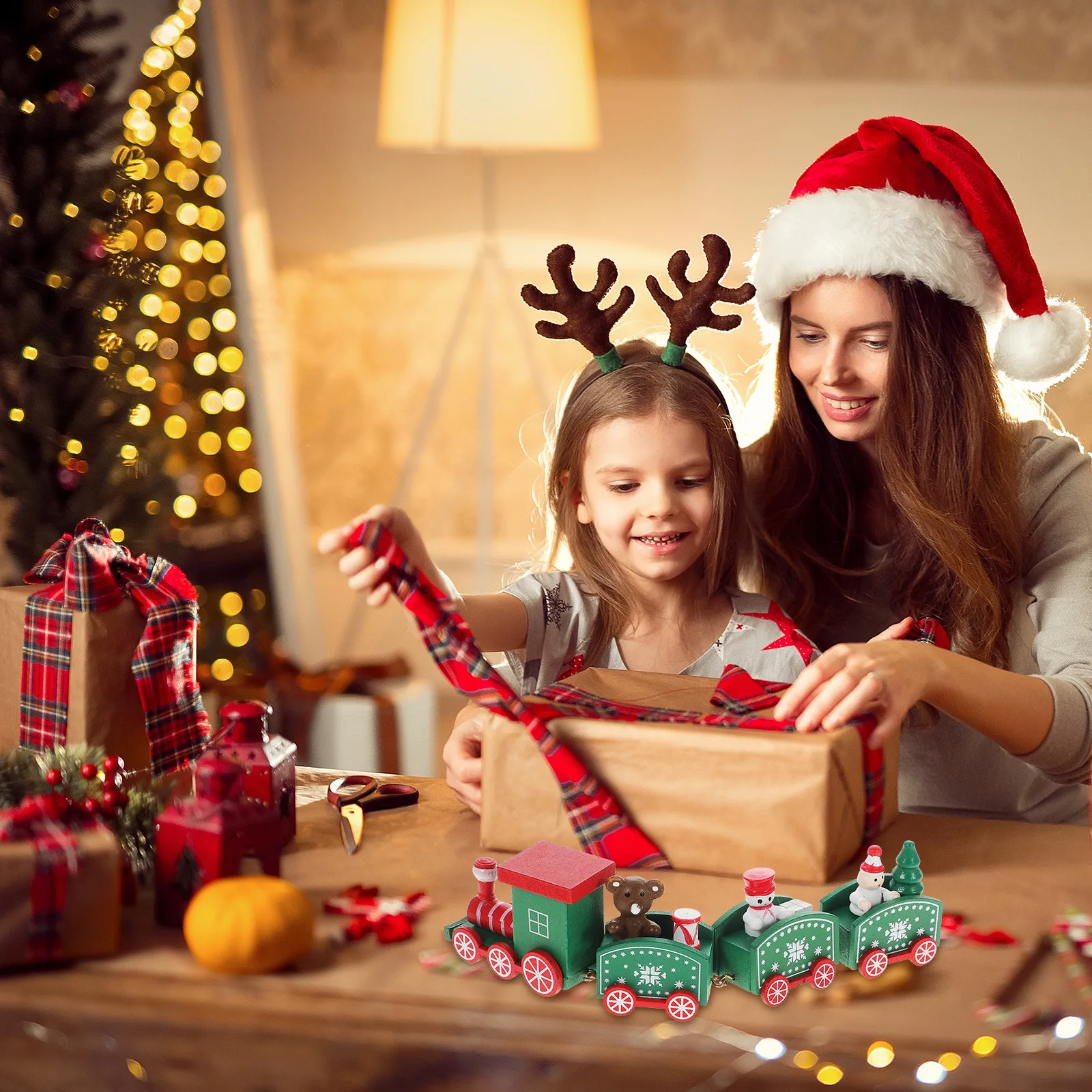 

Green Wooden Train Christmas Ornament Desktop Decor for Living Room Bedroom Cabinet Shelf Holiday Party Gift Idea