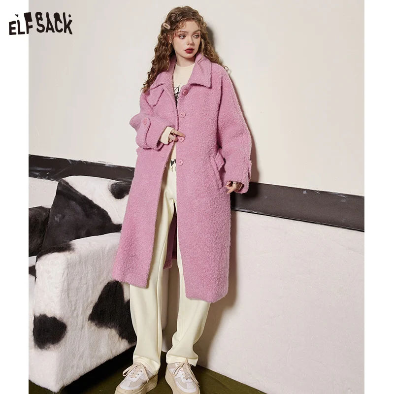 ELFSACK Pink Warm Wool Coats Women 2023 Winter Sweety Loose Long Outwears