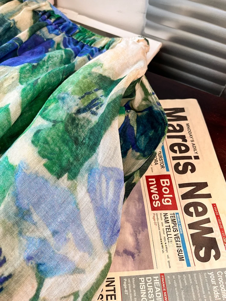 الراقية القنب طباعة ميدي تنورة المرأة أوائل الخريف مرونة عالية الخصر التخسيس الربيع الصيف ألف خط الكتان ثوب تنورة #4