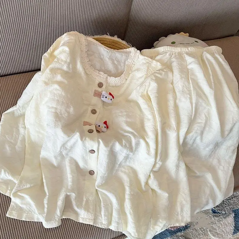 

2 шт., женский пижамный костюм с рисунком «Hello Kitty», милый аниме Kawaii, весенне-осенние топы, брюки, одежда для дома, милая домашняя одежда для девочек