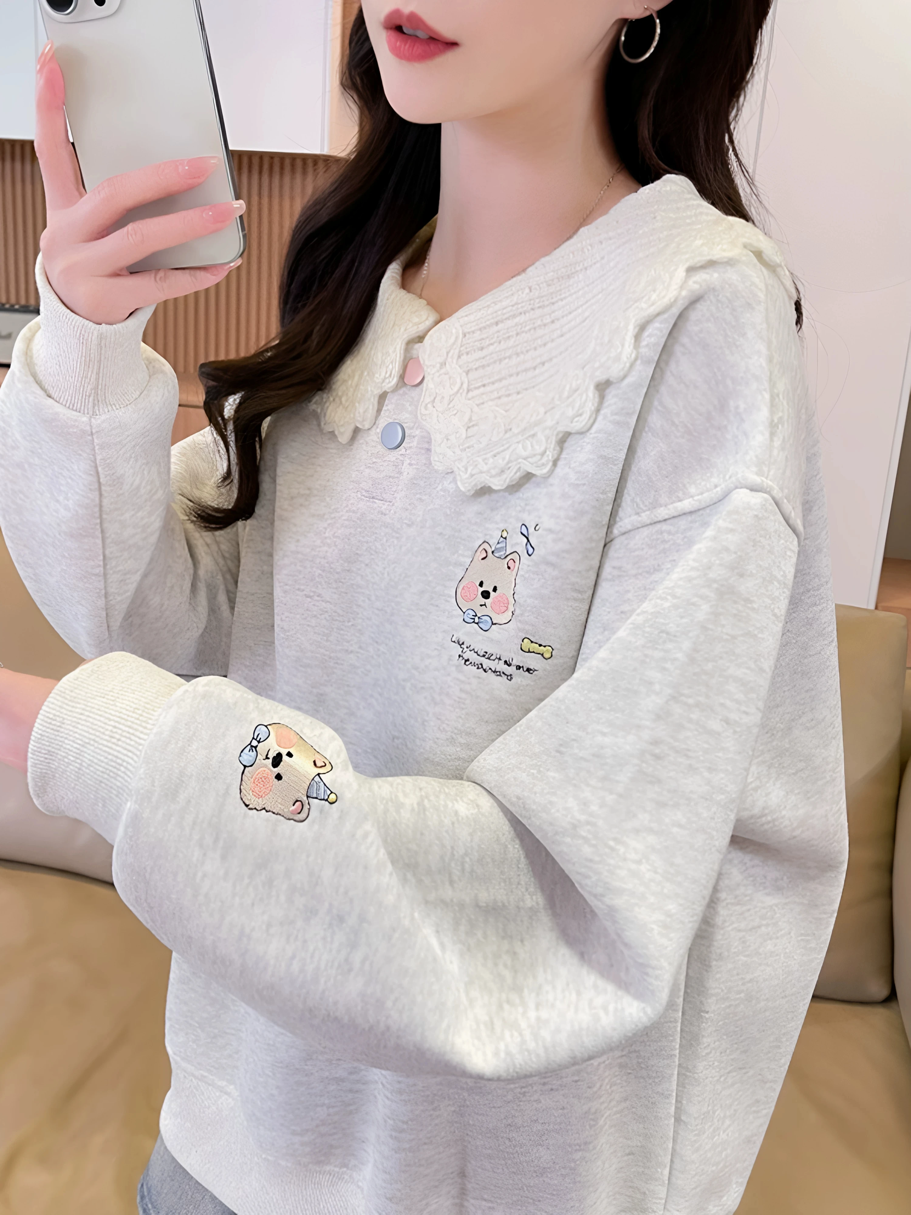 Lace Doll Collar Loose Fit Thin Sweatshirt for Women Spring Autumn Cotton Material Long Sleeve Embroidered Outerwear Jacket