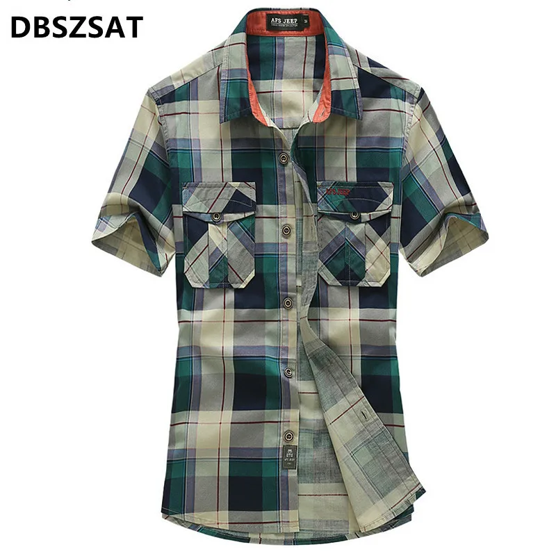 

Brand Plaid Cotton Shirt Men Casual Short Sleeve Army Military Loose Breathable Mens Shirts Plus Size S-4XL Camisa masculina