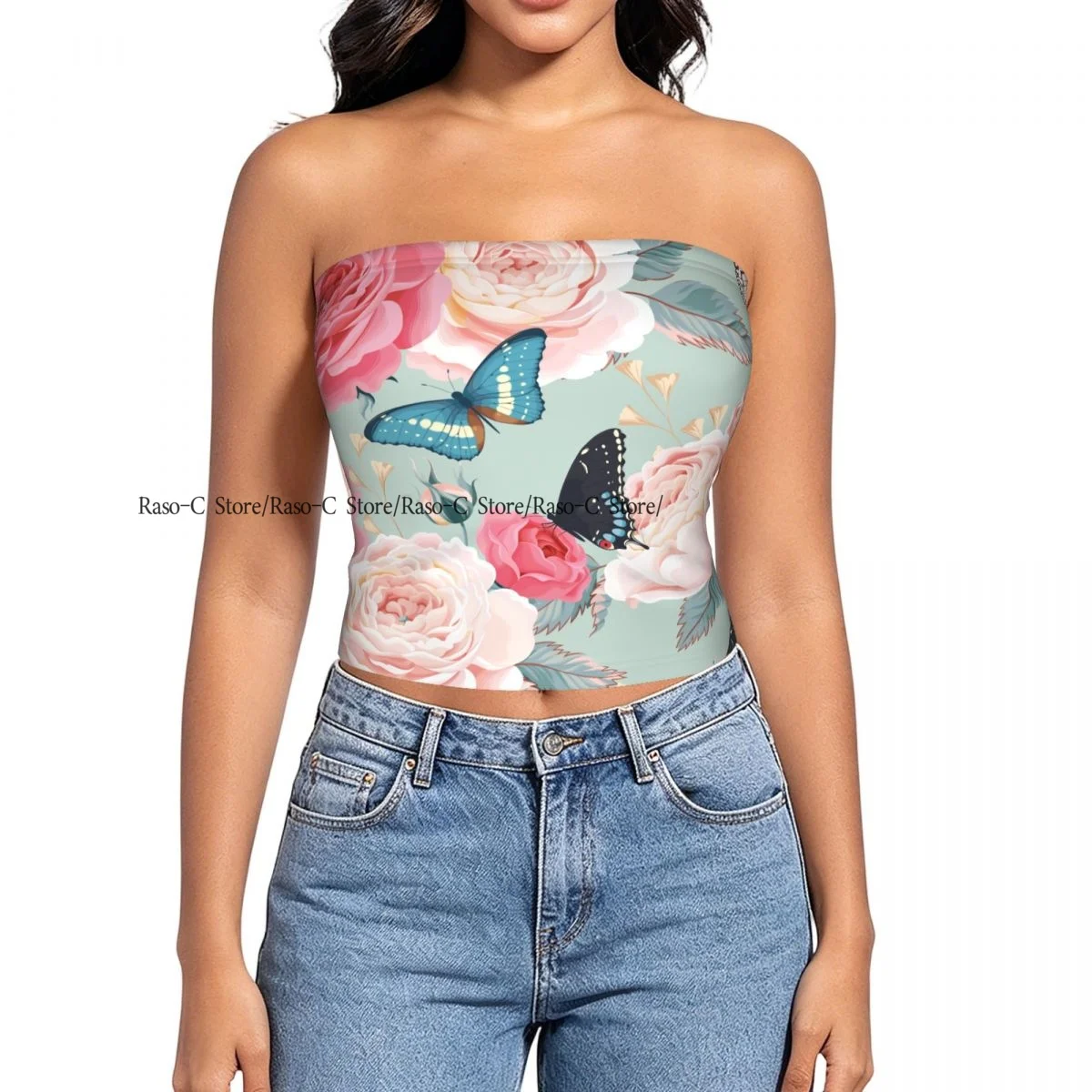 Women Shirt Summer Strapless Backless Tops Pink Peony Roses And Butterfly Sleeveless Vest