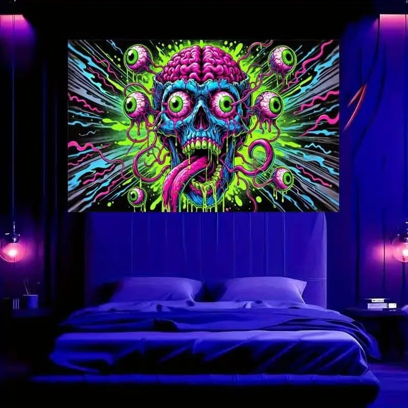 VIKAMA Psychedelic Neon Skull Tapestry Trippy Monster Wall Hanging Cyberpunk Gothic Room Decor Aesthetic Bedroom Background