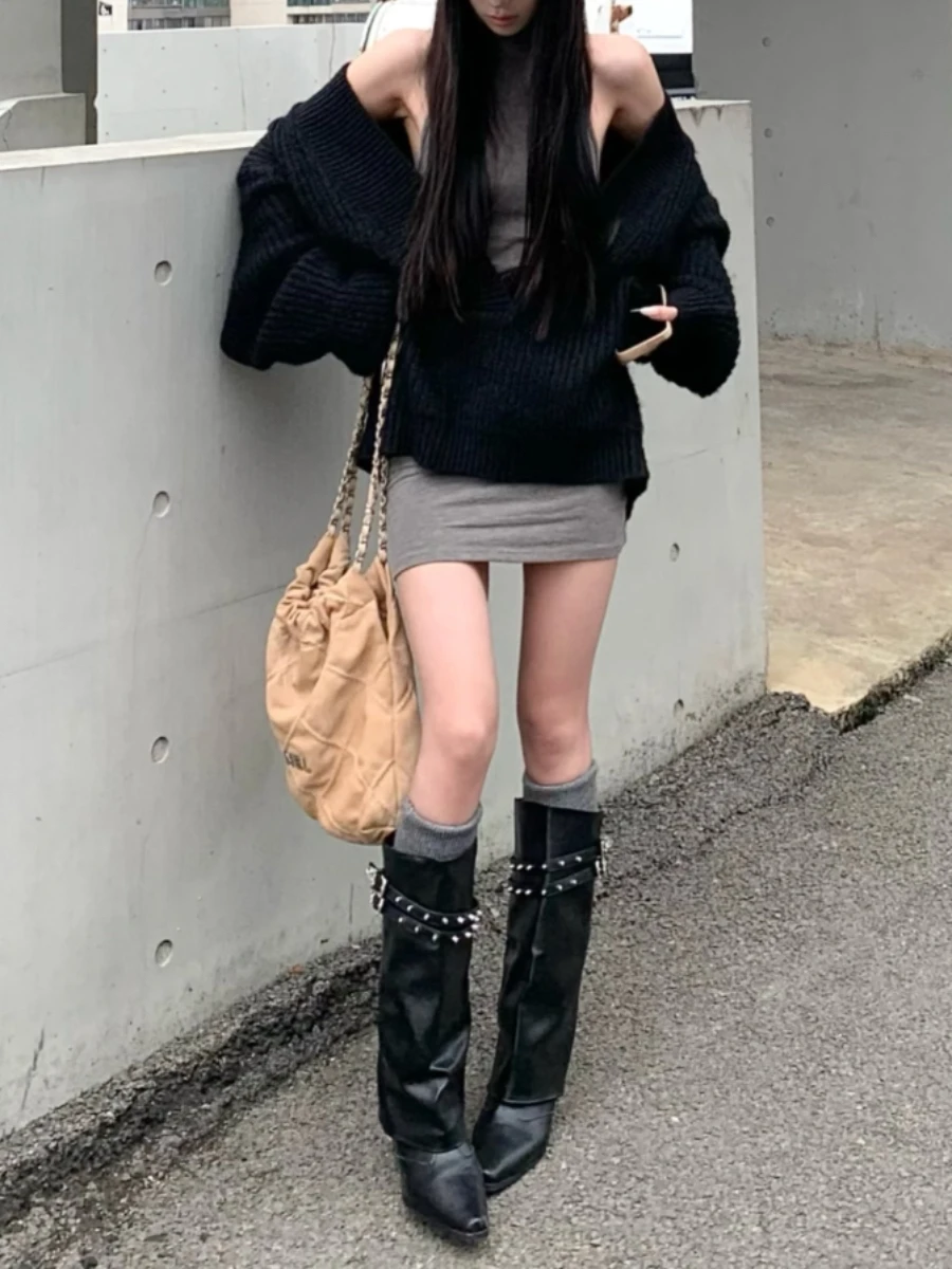 Spring Summer 2026 High-Top Bootie Boots Korean Style Belt Buckle Rivet Detail Ankle-Length Sharp Point High Heel Fashion Boots