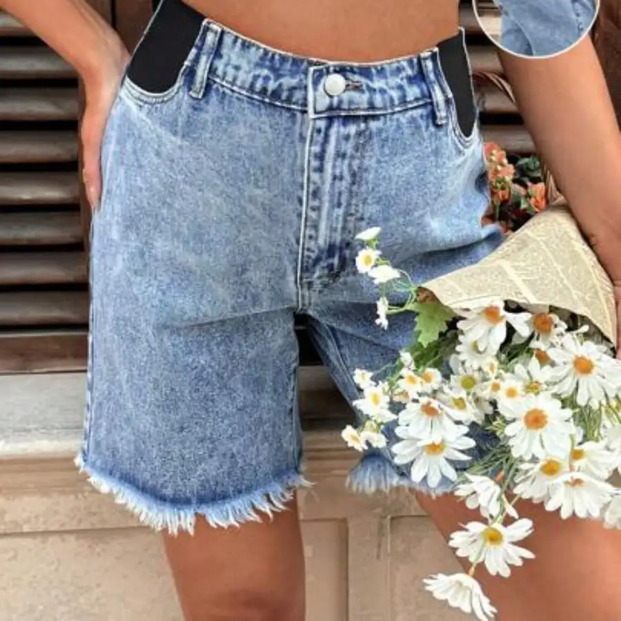 

Pregnant Women's Summer Casual Blue Washed Frayed Hem Denim Shorts, Beach For Maternity, Summer Vacation Casual Shorts, Summer For Women, Suitable For Parties, Holidays, Dates, Valentine's Day, Afternoon Tea, Suitable For Spring Summer Vacation Beach Fash