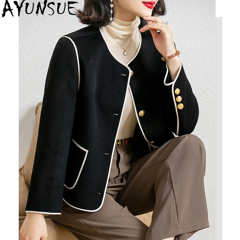 

AYUNSUE, пальто из 100% натуральной шерсти, женские двусторонние шерстяные пальто, элегантные женские куртки 2025 года, весенне-осенняя одежда Пальто Женское