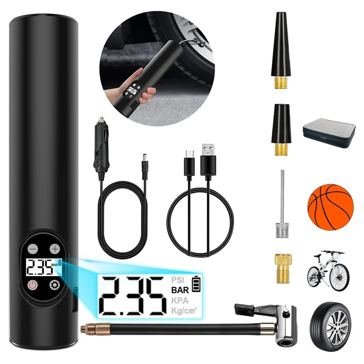 Portable Air Pump Cordless Bike Tire Pump with 0-150PSI Gauge 6000MAh Electric Inflator Pump for Road Bike Balloons