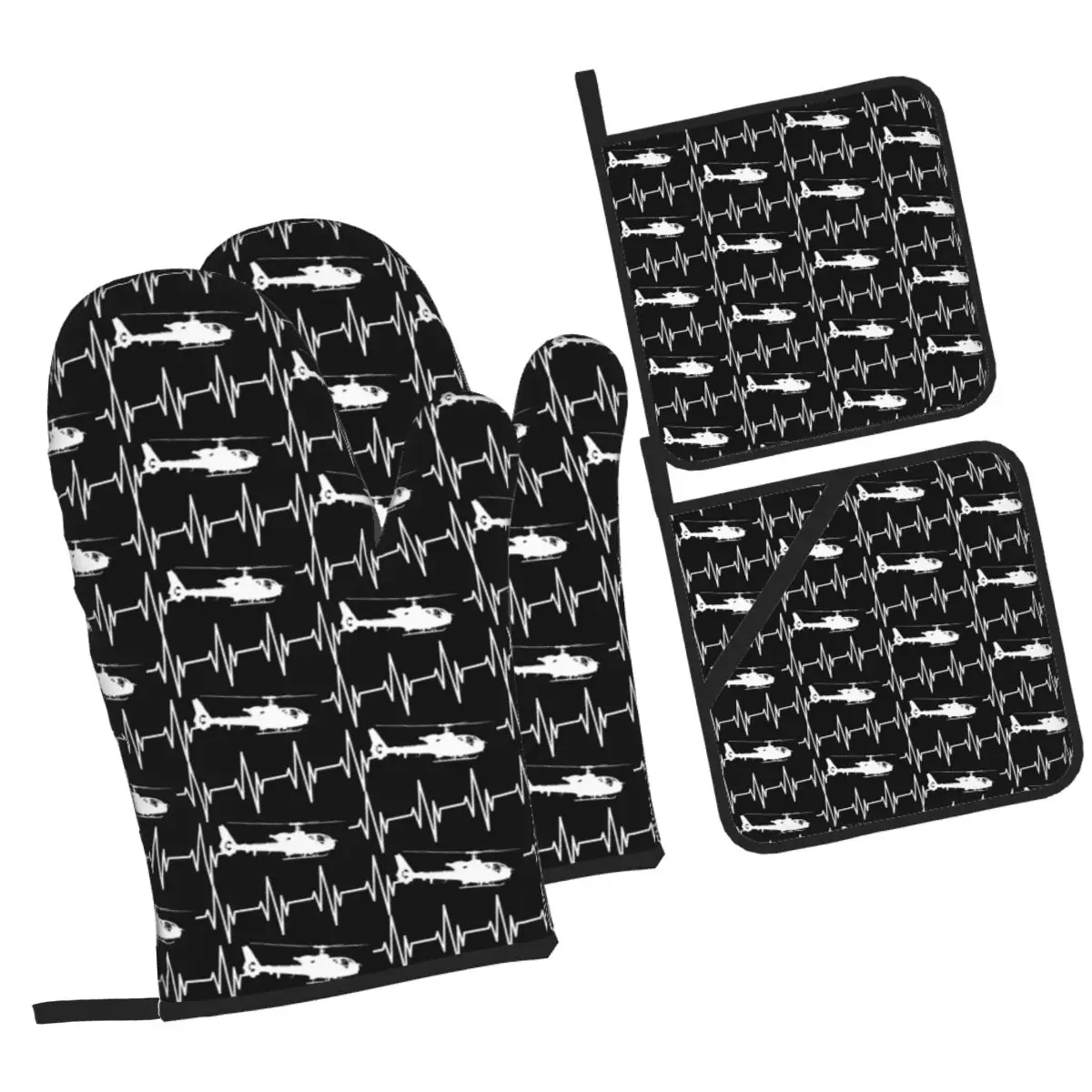 Helicopter Heartbeat W Oven Mitts and Pot Holder Sets of 4 for Baking Kitchen Cooking Grilling Resistant Non-Slip Gloves
