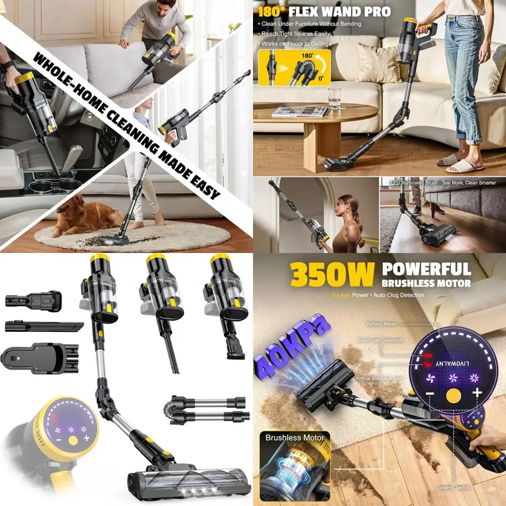 

20V Battery-Powered 350W Cordless Vacuum with 180° Flex Wand, 0.8L Dustbin, LED Brush for Hard Floors and Carpets