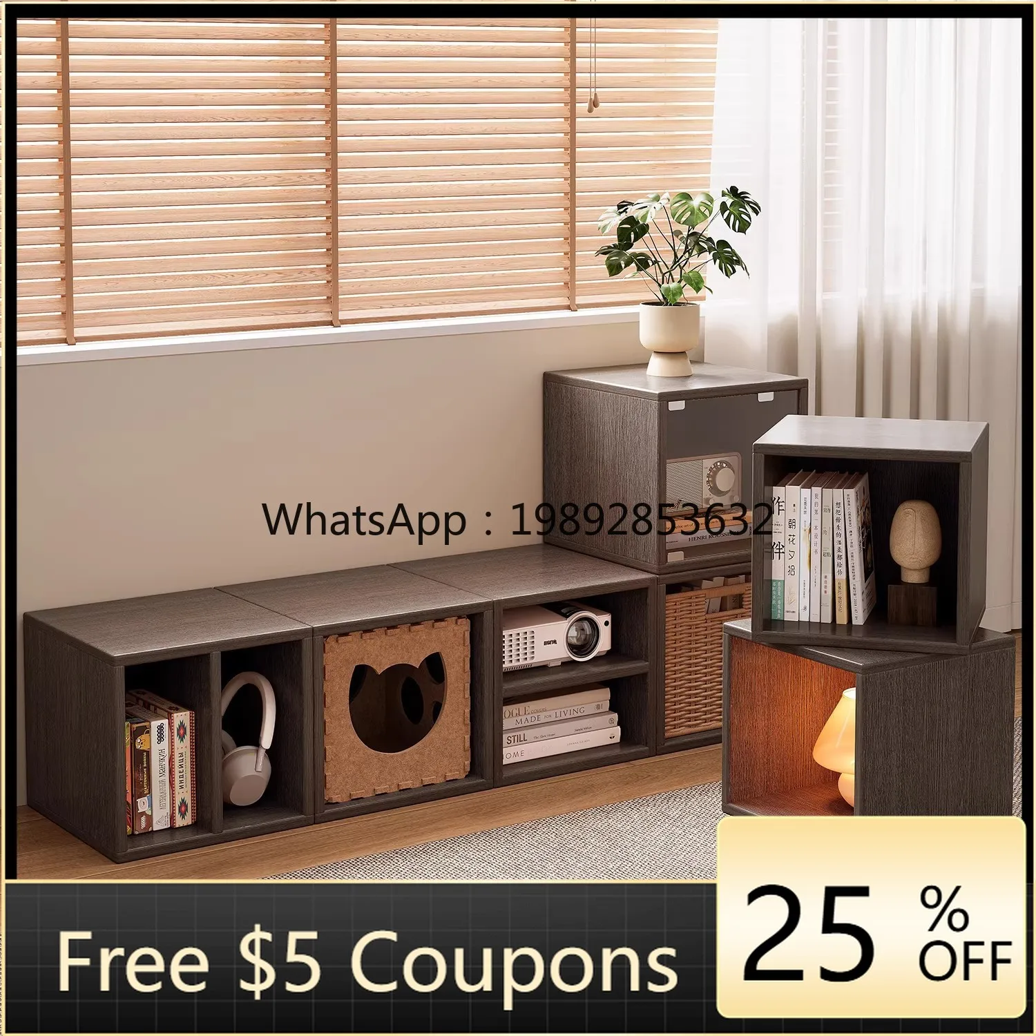 

HYS solid wood bookcase free combination cabinet desktop storage small cabinet