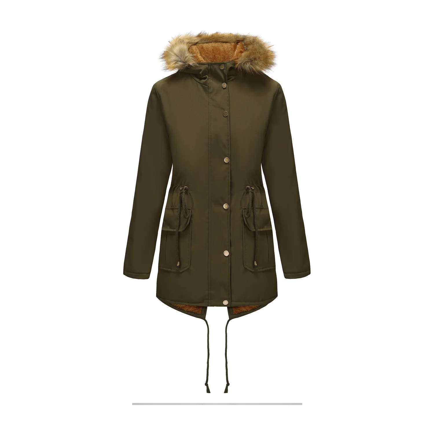Women's Thickened Cotton-Padded European-Sized Coat Autumn Winter Fleece Lined with Cap Fur Collar Cinched Waist