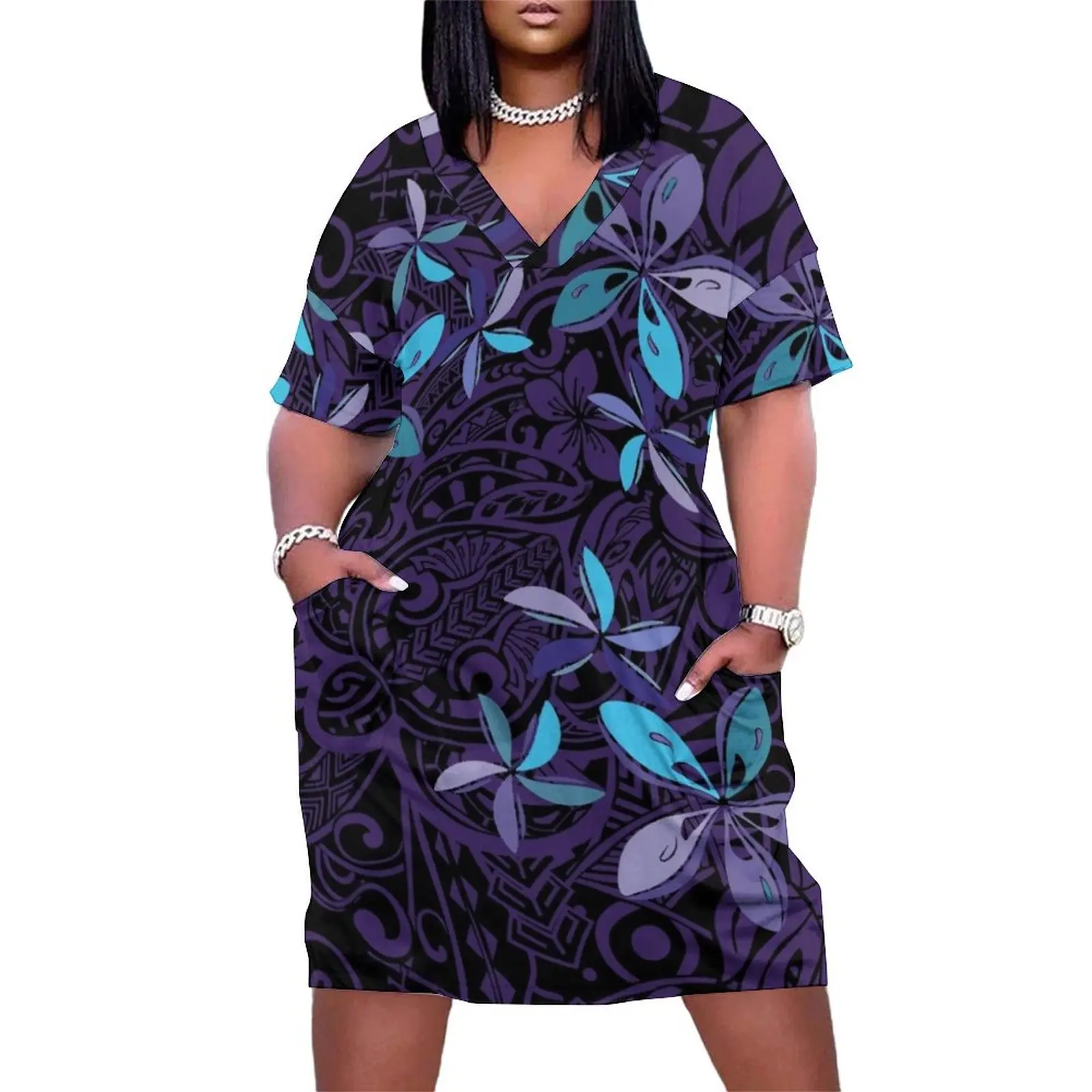 

Hawaiian Purple Tiare Tribal Jungle Print Loose Pocket Dress Long dress Beachwear