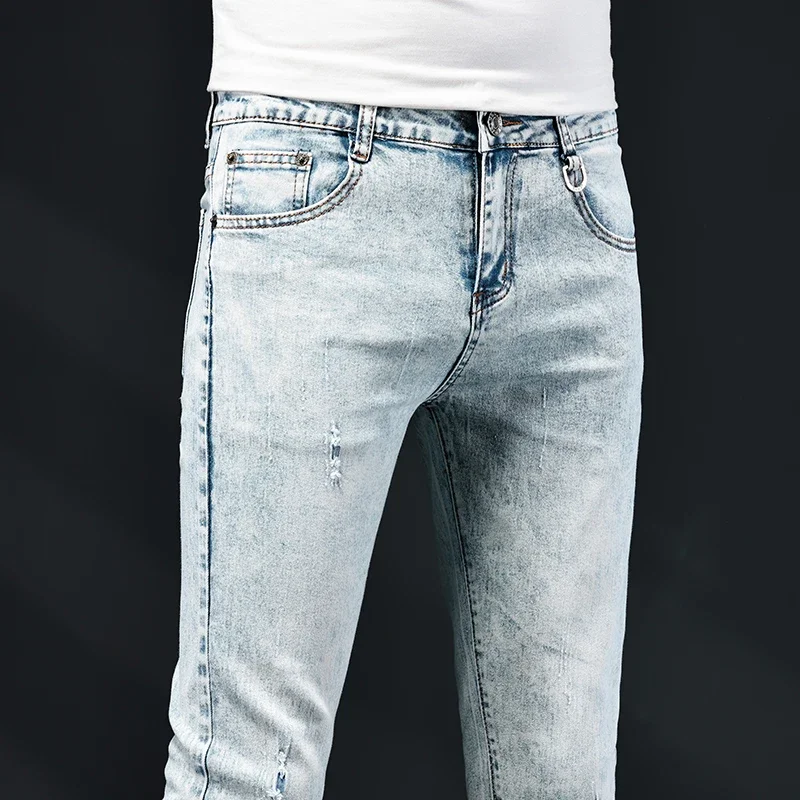 Pantalones vaqueros ajustados para hombre, Vaqueros clásicos, elásticos, informales, lavados con copos de nieve, 2024