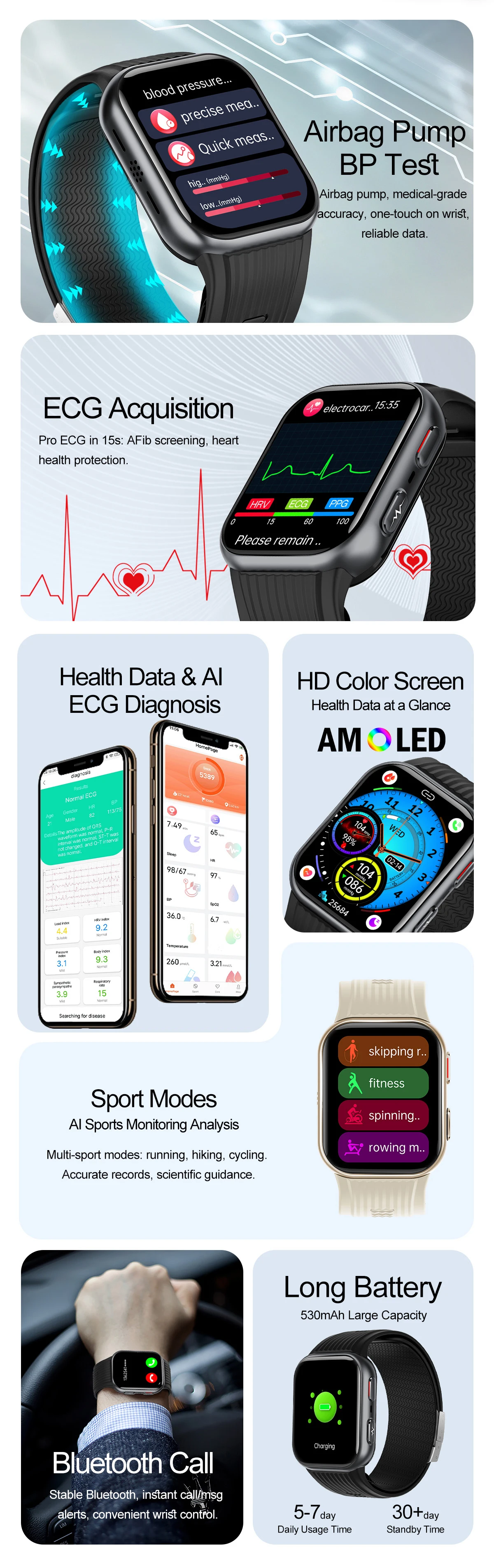 Neue Blutdruck-Smartwatch mit Luftpumpen-Airbag-Armband, 1,95 Zoll AMOLED-Display, Mikro-Körperanalyse, Gesundheits-Smart-Armband für Männer und Frauen – Detail 2
