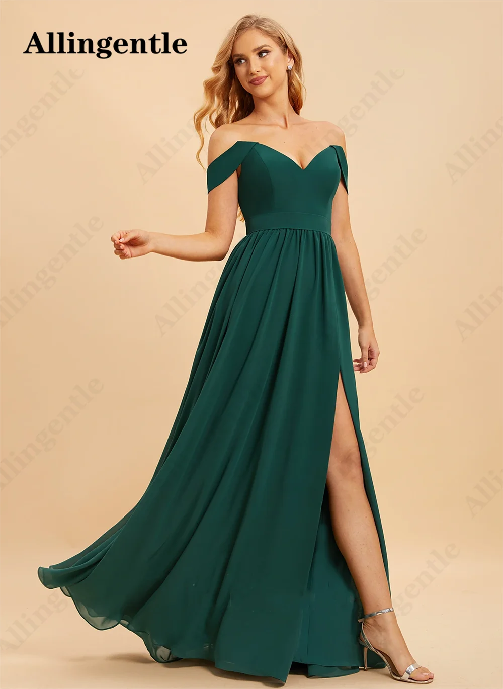 Allingentle Sexy Off Shoulder Bridesmaid Dresses V-Neck A Line With Side Slit Formal Evening Gowns Chiffon Maid of Honor Dress