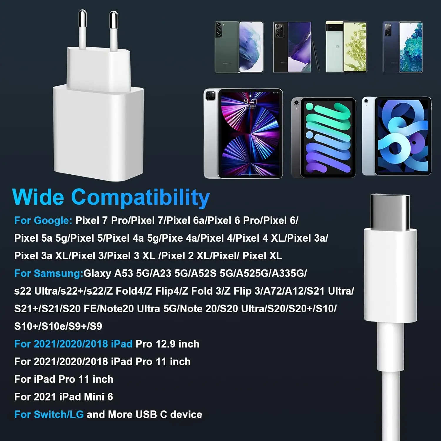 18W PD Fast Charger For Google Pixel 8 7 6 Pro 3 4 XL 2XL 7A 6A 5A 8A 4A Quick Charge Power Adapter EU USB C To Type C Cable