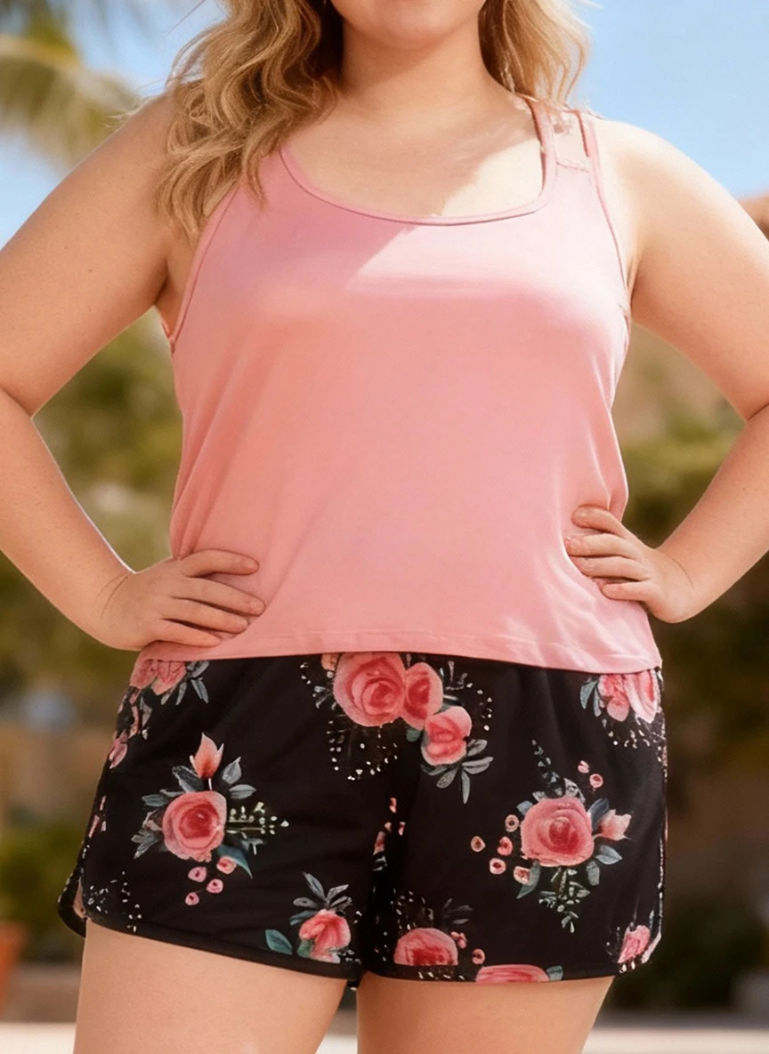 

Женская майка больших размеров на весну и лето в отпускном стиле с цветочным принтом и шорты, комплект домашней одежды из 2 предметов