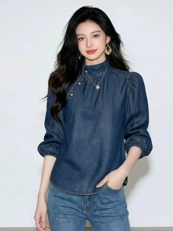 

plus Size 300 Pounds Women's Denim Shirt Stand Collar Bubble Sleeve Casual Loose Fit Summer Fashion Small Stature Top
