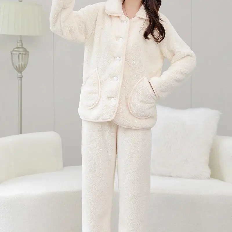 

Women's Clothing Pajama Set Homewear Long Sleeves Pants Two-Piece Set Autumn and Winter Thicken Comfortable Sweet Fashion