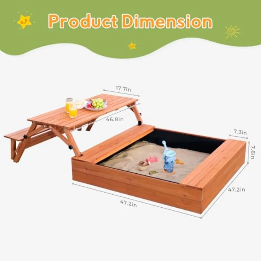 Sabbiera da esterno in legno Grande scatola di sabbia con coperchio Sabbiera con coperchio Regalo per 28 anni Tavolo da picnic pieghevole e rivestimento inferiore del sedile