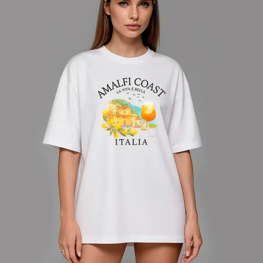 Women's T Shirts 100% Cotton Oversized Coast Lemon Printing Short Sleeve American Fashion T-shirt Casual Retro White Lazy Tops