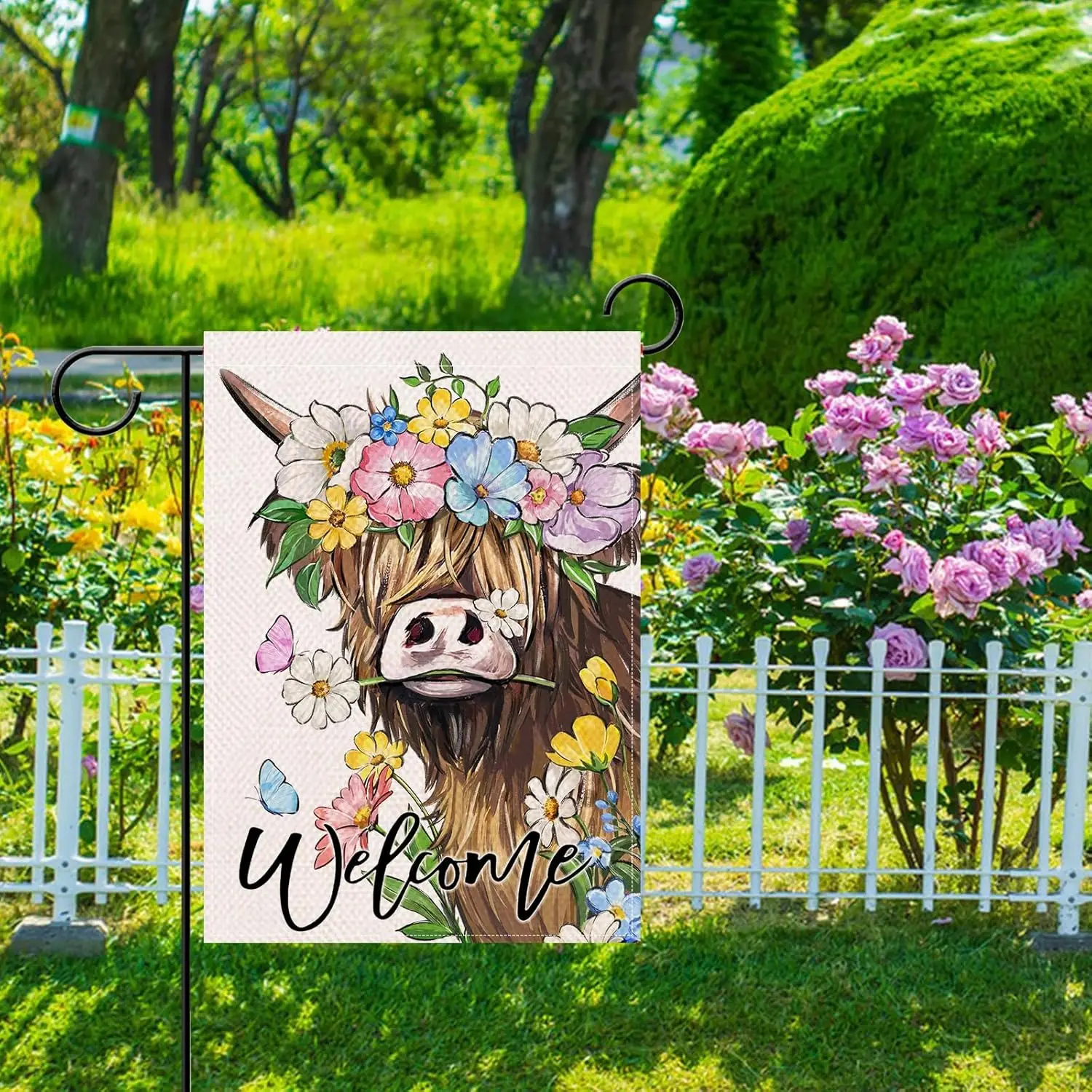 Artofy Welcome Spring Summer Highland Cow Small Decorative Garden Flag, Farm Daisy Flower Yard Lawn Outside Decor, Farmhouse EEZ