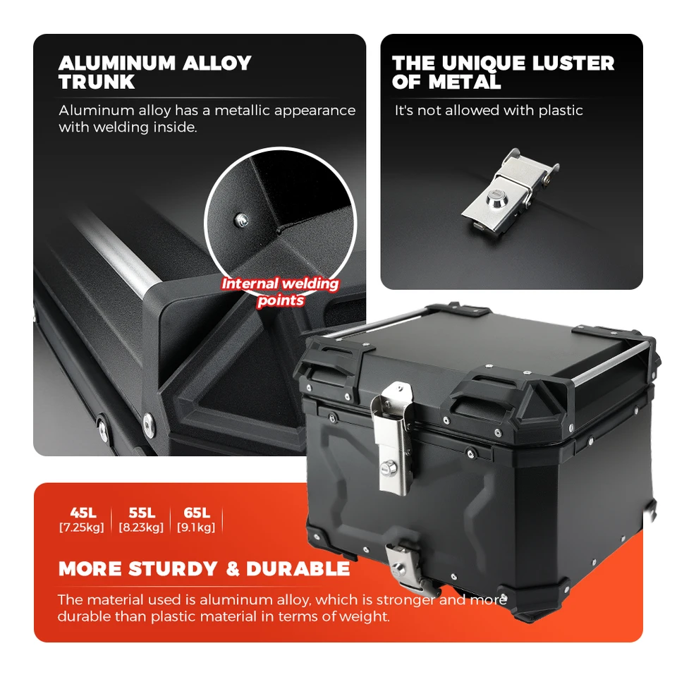 KEMIMOTO 45L/55L/65L Motorcycle Aluminum Case Tail Box Trunk with