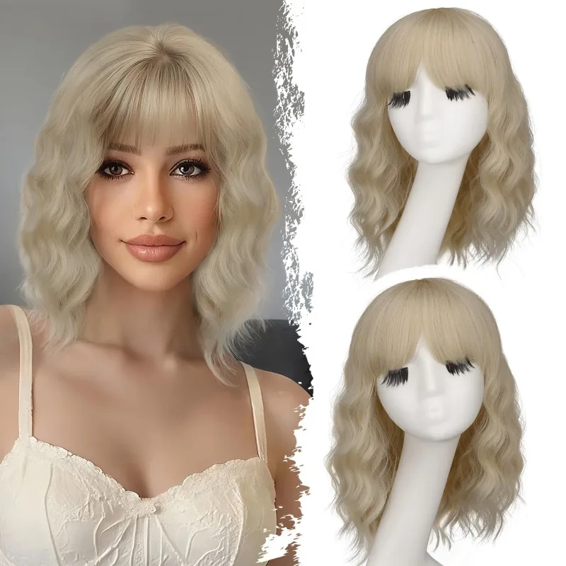 

Women Grey Wavy Bob Wigs with Bangs Short Blonde Ombre Synthetic Wig with With Dark Roots Natural Hair for Daily Use