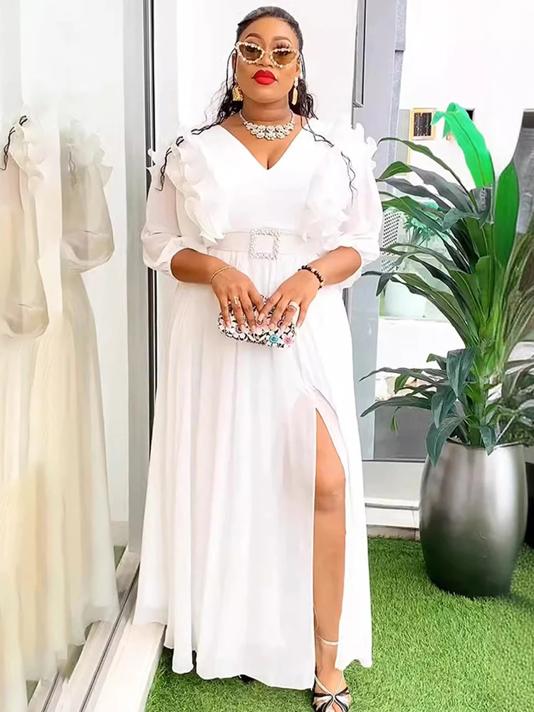 Summer Chiffon Long Dresses For Women V-neck Sexy Robe Wedding Party Evening Gowns African Dashiki Ruffle Robe Dubai Abayas