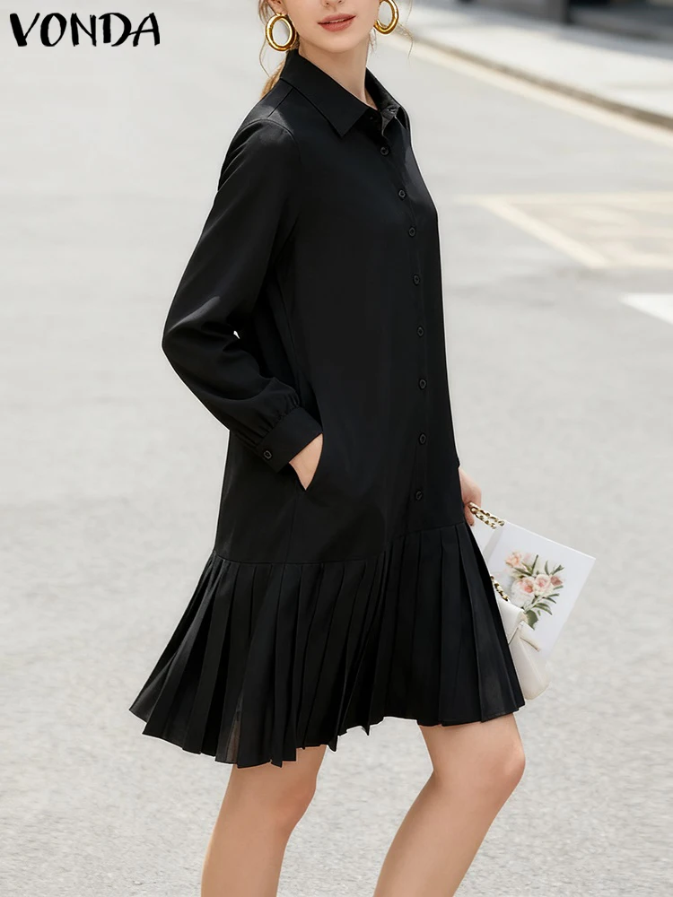 VONDA Frauen Mode Herbst Vestidos Hemd Kleider 2025, Langarm Solide Elegante Mini Sommerkleid Revers Tasten Rüschen Casual Robe