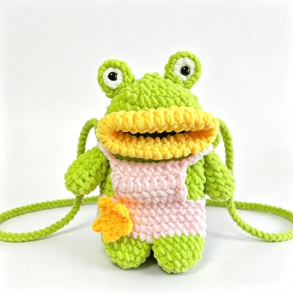 Cute Crochet Frog Crossbody Bag Hand-Knitted Plush Frog Doll Shoulder Bag Cartoon Messenger Bag for Girls Gift
