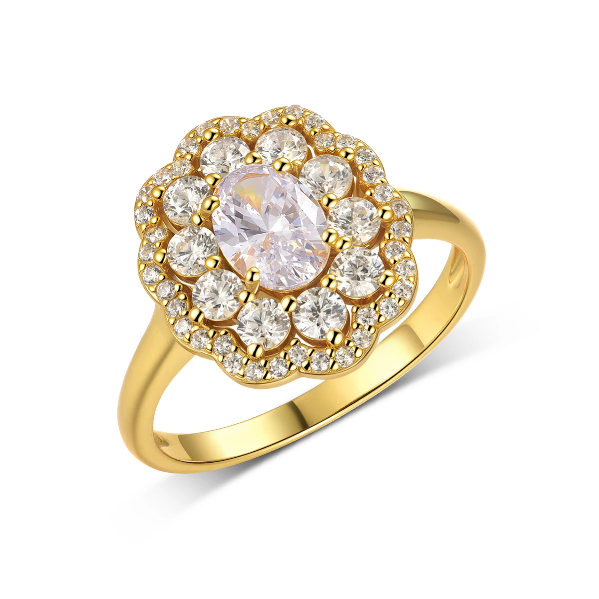 

S925 silver plated 18K gold egg shaped moissanite diamond flower shaped women's ring main stone 1.0ct/7 * 5mm