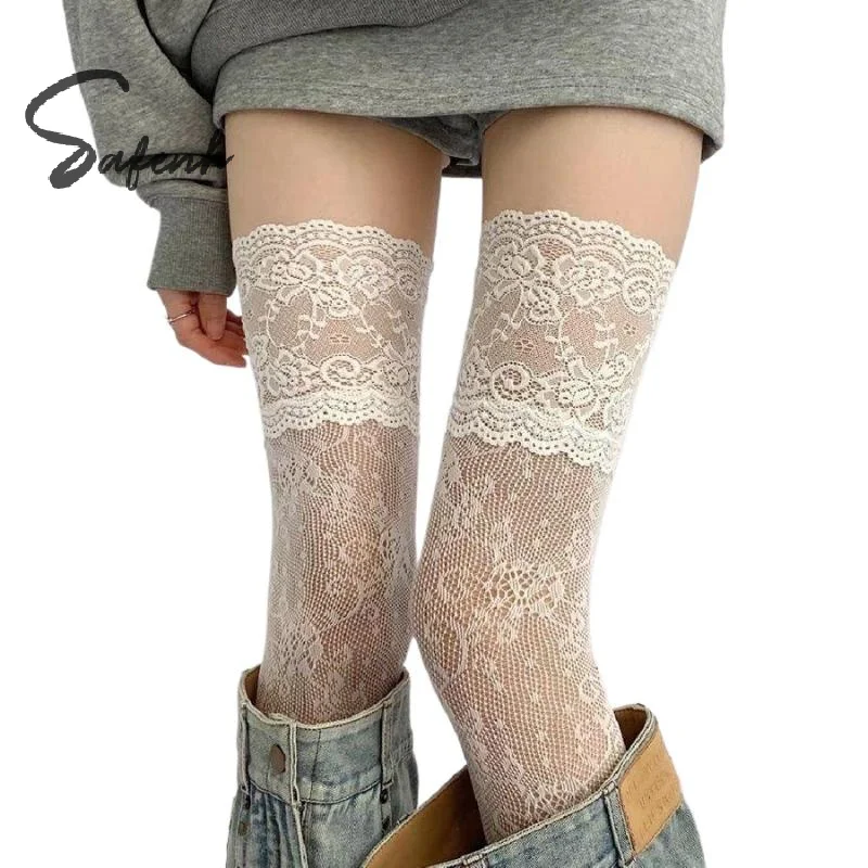 Calze a rete in nylon con finiture in pizzo sexy per donna Calzini lunghi sopra il ginocchio JK con rete dolce floreale retrò traspirante