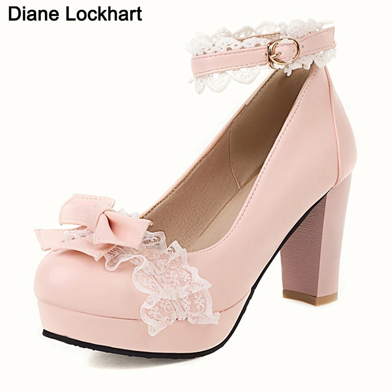 

Spring 2025 Ladies Heels Platform Cute Bow Lace Princess Mary Jane Lolita Shoes Party High Heel Buckle Women Pumps Girls Sweet