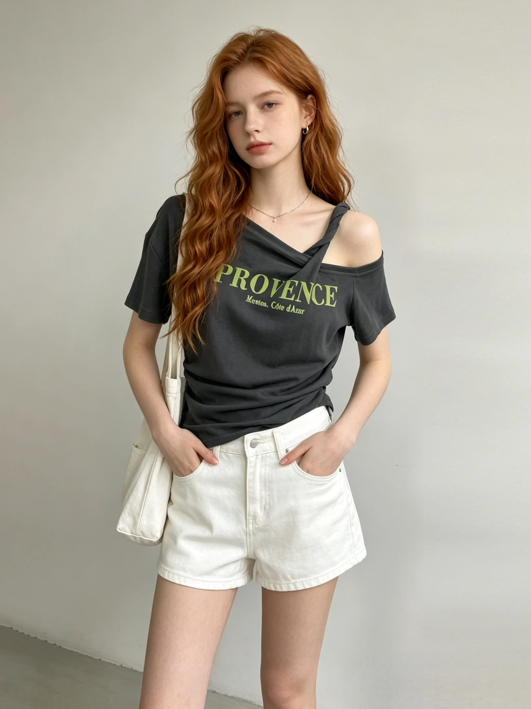 

Summer Slim Fit American Sweet And Spicy Retro Shoulder T-Shirt Short Sleeve Printed Waist Cinching Casual Style Women's Top