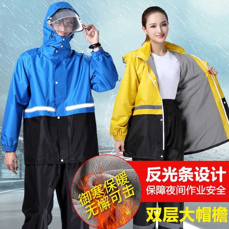 Winter Velvet Raincoats Suit Motorcycle Rain Pants Men's Rain Poncho Waterproof Rain Jacket Hooded Hiking Fishing Rain Gear