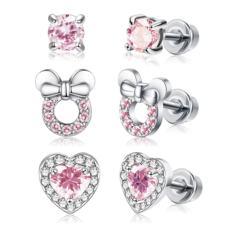 

3 pairs of pink set ear studs with hypoallergenic screw backs, a fashionable and niche new item for daily gatherings
