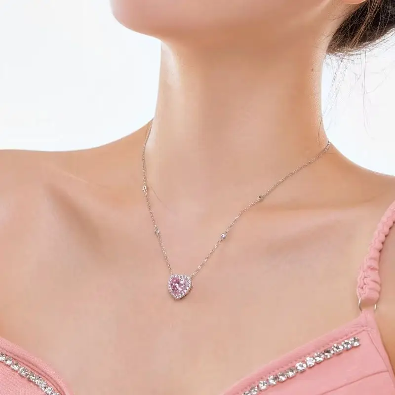 Genuine S925 Sterling Silver 10mm Heart Cubic Zirconia Pendant Necklace Adjustable Chain Jewelry Gift for Women Valentines Day