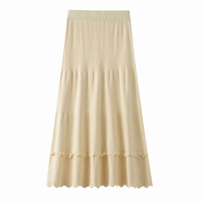 Falda de punto de cintura alta para mujer, falda acampanada por debajo de la rodilla con detalle de encaje, falda acampanada adelgazante, primavera y otoño