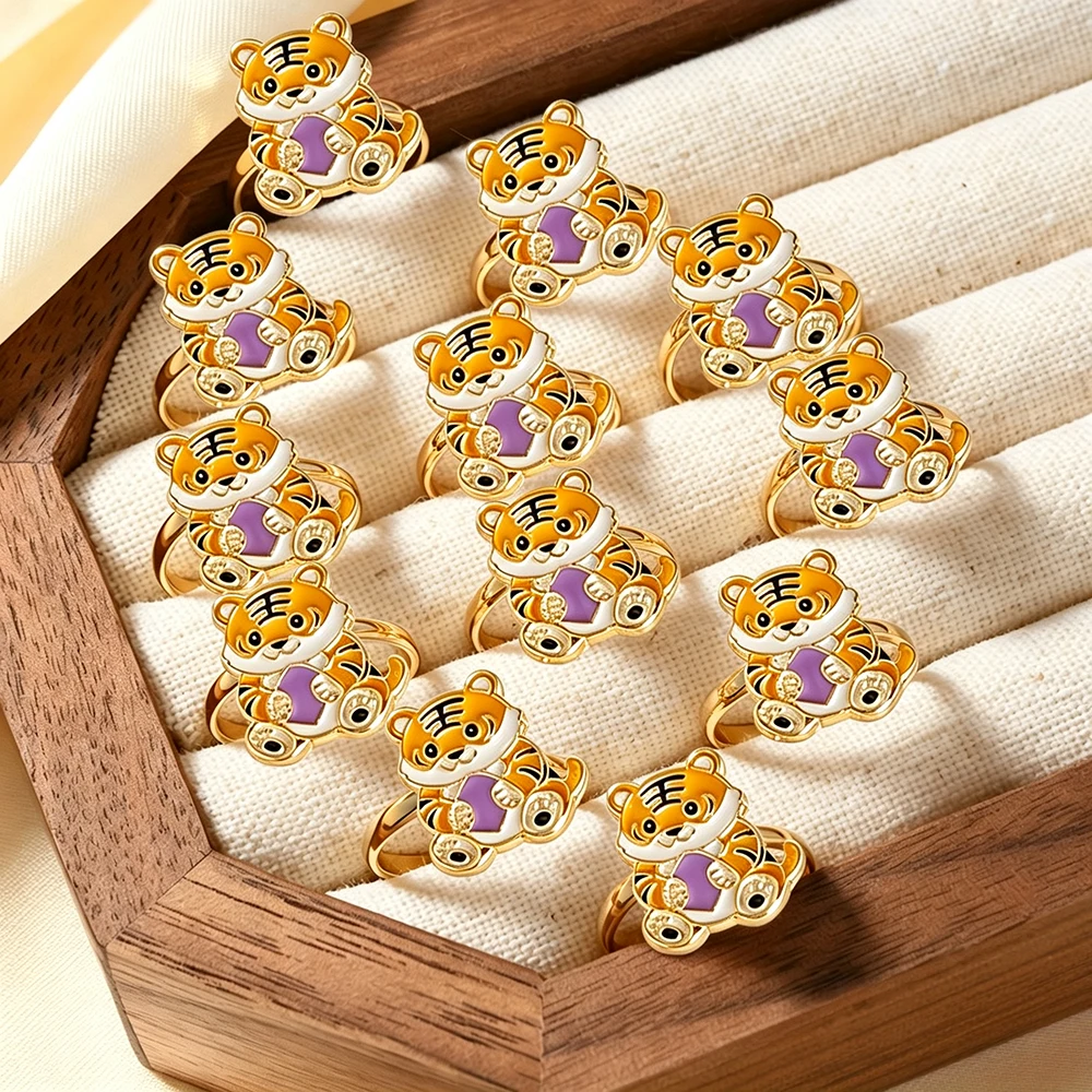 12Pcs Cute Cartoon Little Tiger Open Rings, Oil-Drip Zodiac Cute Design Adjustable Rings, Everyday Versatile Decorative Jewelry for Girls, Party Accessories for Girls, Student Sharing Playful Little Jewelry
